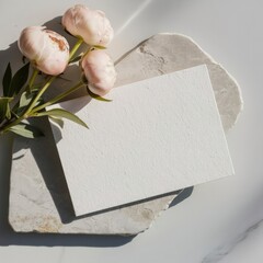 Fototapeta premium mockup vintage card with roses on a marble surface 