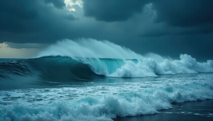 Fototapeta premium Dark, churning ocean waves crash violently under stormy skies , wild, water, ferocious