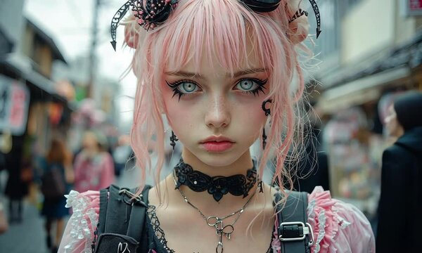 Portrait Of A Young Woman With Pink Hair And Black Lace Accessories In An Urban Street Scene 
