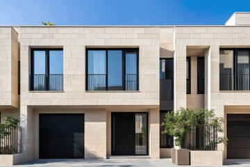 Obraz premium Modern residential building with sleek design and minimalist architecture in bright daylight, showcasing large windows and natural stone facade