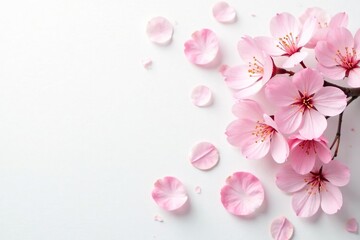 Soft pink cherry blossom petals scattered on a crisp white background, minimalist, white, simple