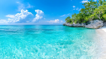 Fototapeta premium Tropical beach paradise, turquoise water, white sand, lush vegetation, sunny sky