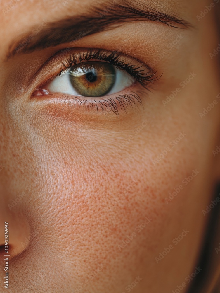 Aufkleber close up of a womans face showing contrasting skin textures and cosmetic lines in a clinical setting