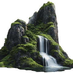 waterfall on a mountain with green moss, isolated against a white background