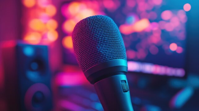 Close-up microphone in vibrant studio recording setup