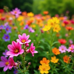Fototapeta premium Colorful mixed-bloomed garden with columbines, , garden flowers, garden