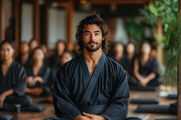Focused martial arts instructor leading a meditation session for students