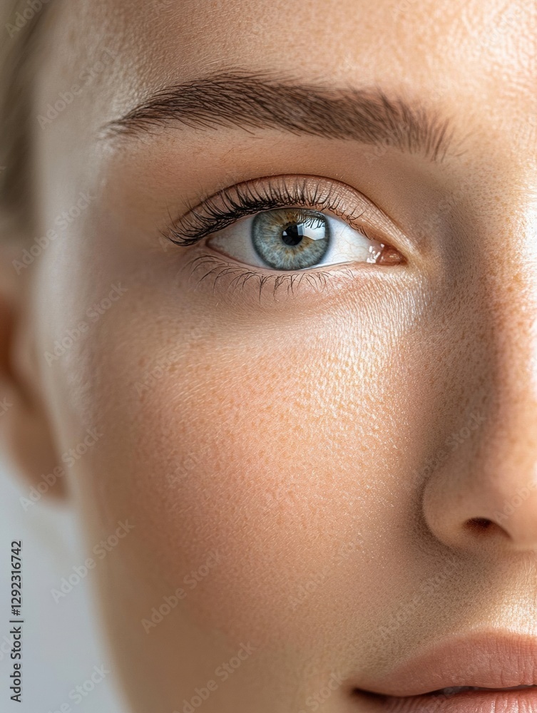 Poster Close up of a womans face showcasing contrasting skin textures with smoothness and drawn lines highlighting age effects. Generative AI