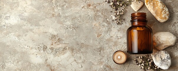 Natural spa beauty product in a brown glass bottle on a stone background