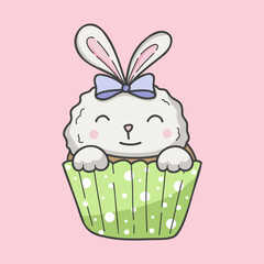 Cute cartoon Easter bunny cupcake design. Vector illustration