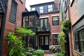 Naklejka premium Charming courtyard with brick walls and greenery in a historic district showcasing urban architecture and peaceful atmosphere