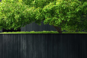 Fototapeta premium A vibrant, lush green tree stands proudly against a sleek black wooden fence, creating a tranquil atmosphere in a peaceful outdoor setting during the day
