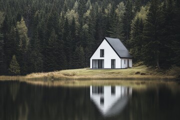 Fototapeta premium A contemporary cottage nestled by a tranquil lake, embraced by a lush forest, beautifully reflects the serene essence of nature in the soft light of early morning