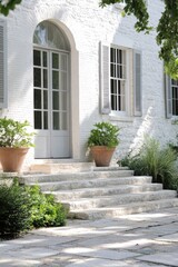 Fototapeta premium Elegant white house with stone steps and potted plants surrounded by lush greenery on a sunny day, creating a welcoming atmosphere