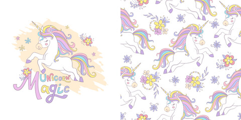 Set with cute cartoon unicorn and background. Isolated character and seamless pattern. Vector illustration. For party, print, baby shower, wallpaper, design, design cushion, linen, dishes and clothes © alinart