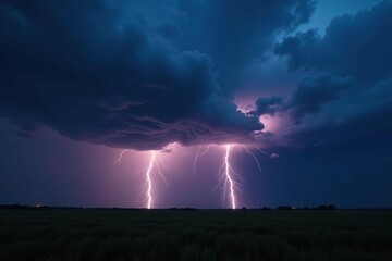 Stormy clouds gather in the distance as a massive lightning bolt descends, darkening horizon, electrical charge, descending bolt
