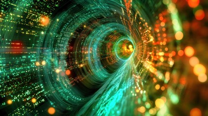 Fototapeta premium Abstract digital tunnel, swirling lights, data stream, futuristic background