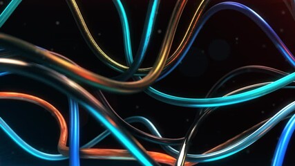 Intertwined, twisting tubular wires in metallic tones of teal, orange, and gold. The knotted shapes and reflective surfaces give a futuristic, dynamic feel