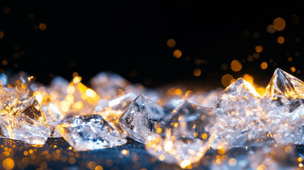 Golden light reflecting on ice crystal background for elegant winter design