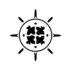 Symbolic geometric, stylized, black and white nautical wheel design. A ship's wheel-inspired icon, with sunburst rays and inner circular detail.