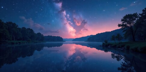 Obraz premium Serene river reflects starry sky, tranquil scene , milky way, unpolluted