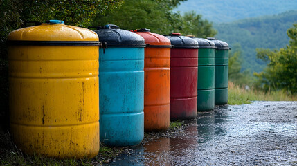 Colorful Recycling Bins Along Mountain Path