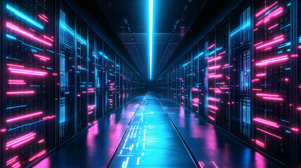 Fototapeta premium Data center room tunnel with neon blue and pink light glow. Realistic 3d vector illustration of abstract computer server cluster for digital information and database warehouse. Cyberspace banner.