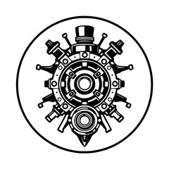 Intricate mechanical gear design with top hat, central aperture, and various protruding elements.