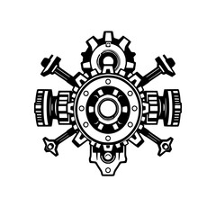 Steampunk-style Emblem featuring a mechanical, gear-based design, set within a white hexagonal shape. The emblem consists of interconnected gears and pistons.