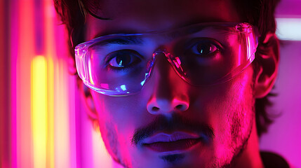 Close-up Neon-lit Scientist Portrait