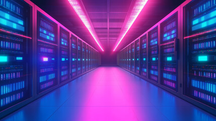 Obraz premium Data center room tunnel with neon blue and pink light glow. Realistic 3d vector illustration of abstract computer server cluster for digital information and database warehouse. Cyberspace banner.