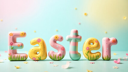 Naklejka premium Brightly colored letters spell out Easter with floral designs on each character. The soft background enhances the festive mood and adds charm to seasonal celebrations