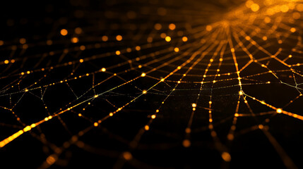 Radiant golden spiderweb pattern illuminated by laser for design and decoration