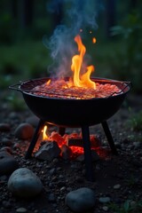 Portable hot empty BBQ grill with glowing embers and flames , charcoal, bbq, night