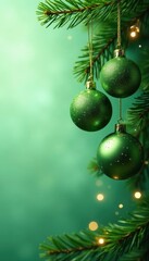 Fototapeta premium Elegant green Christmas wallpaper with shimmering ornaments and pine boughs , festive, background, ornaments