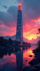 Granite tower, vibrant sunset hues reflecting on water, Maine, photography