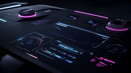 Futuristic control panel interface, technological display, glowing buttons