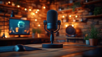 Cozy home studio microphone on wooden desk, computer monitor in background, warm lighting