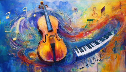 A vibrant and artistic painting features a violin and a piano keyboard surrounded by swirling musical notes and colorful abstract brushstrokes, creating a dynamic and expressive composition.