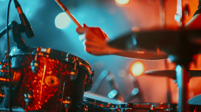 A drummer is energetically playing on stage, surrounded by colorful lights that enhance the lively atmosphere of the concert - Generative AI