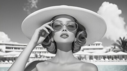 Fototapeta premium Stylish woman in a wide-brimmed hat and sunglasses by the pool.