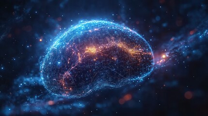 Glowing digital brain, cosmic background, AI concept