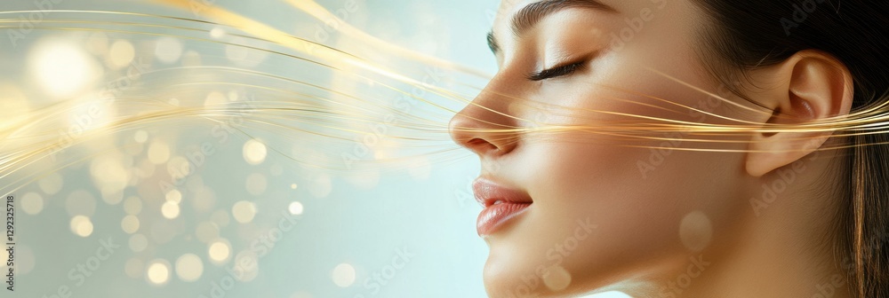 Poster golden lines illustrate the lifting effect on a young womans face with a soft and elegant touch. gen