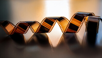 A curled 35mm film strip with a warm brown tint reflects light on a smooth surface, evoking a sense of nostalgia and classic photography.