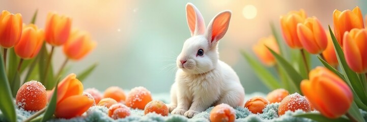 Fototapeta premium Orange tulip arrangement surrounding a frosted bunny, white, orange, holiday