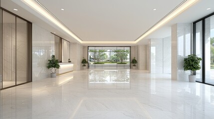 Fototapeta premium Modern Lobby Interior with Large Windows and Trees Outside. Possible Use Commercial Space Showcase