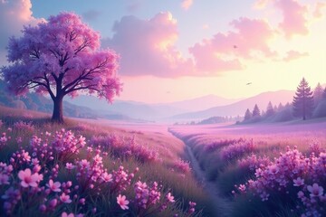 Soft light purple hue on a serene summer landscape, natural scenery,