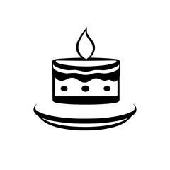 Minimalist black-and-white illustration of a birthday cake with a lit candle, on a white background.