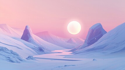 Serene Winter Landscape with Soft Sunset and Majestic Mountains