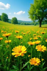 Fototapeta premium Yellow calendula flowers blooming in a lush green field with a few trees, calendula, wildflowers, floral